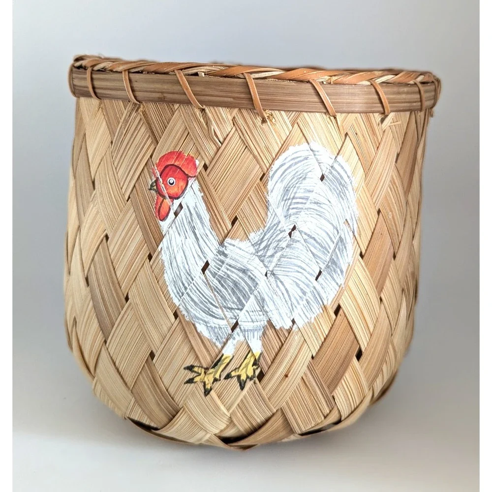 Vintage Wicker Basket Hand Painted Chickens Country Farm Decor 6in